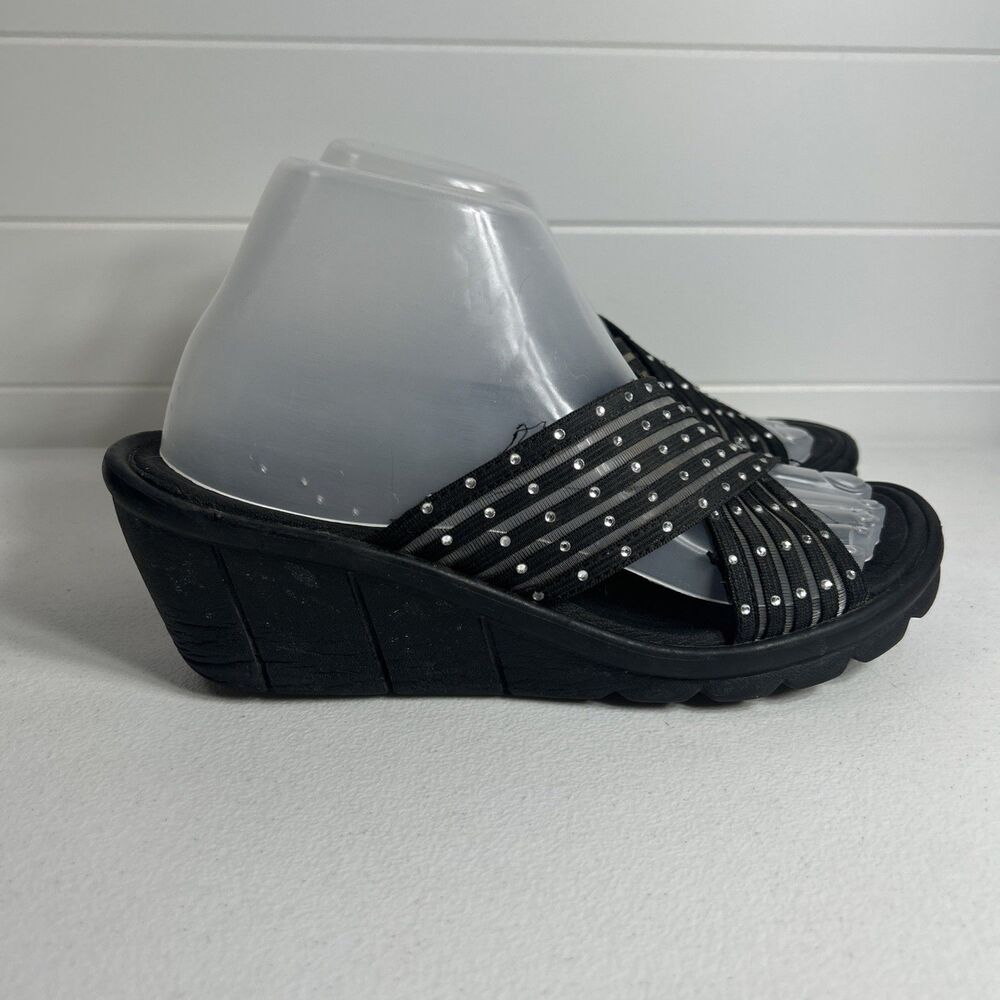Skechers Women’s Black Sandal Size 8 Strappy Wedge Rhinestones